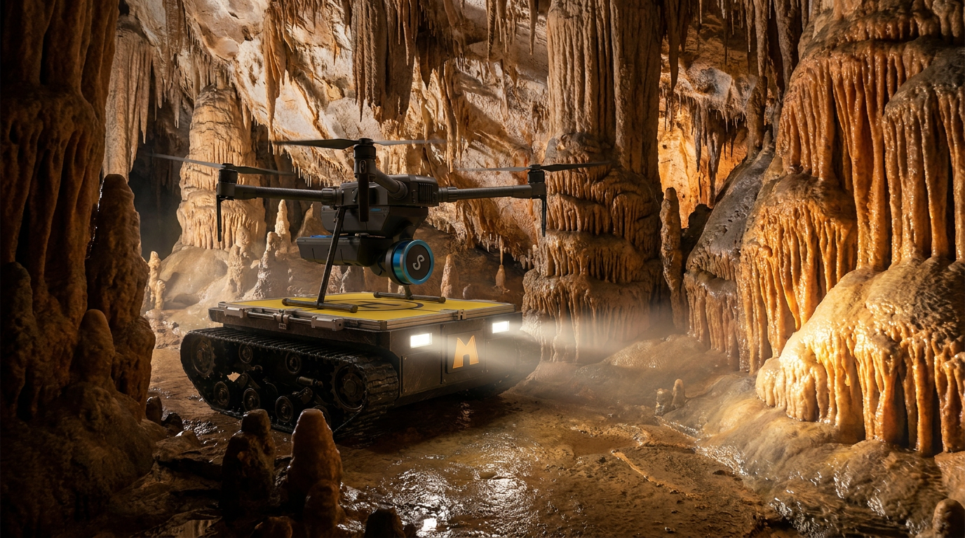 HAGES hybrid system exploring a cave with stalactites